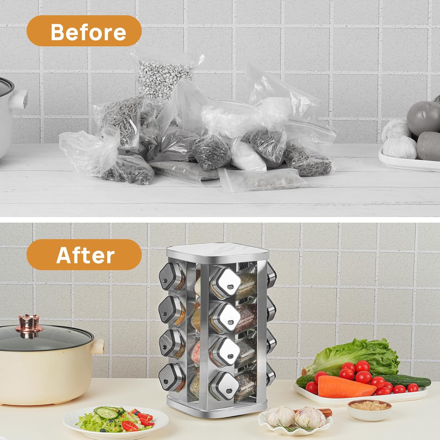 CARLA HOME Rotating Spice Rack Organizer with 20 Glass Jars for Kitchen Countertop - Image 4