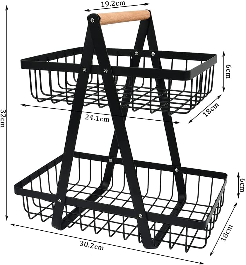 CARLA HOME 2-Tier Fruit Basket Stand for Kitchen Countertop for Fruits, Vegetables, Bread & Snacks with Wooden Handle - Image 4