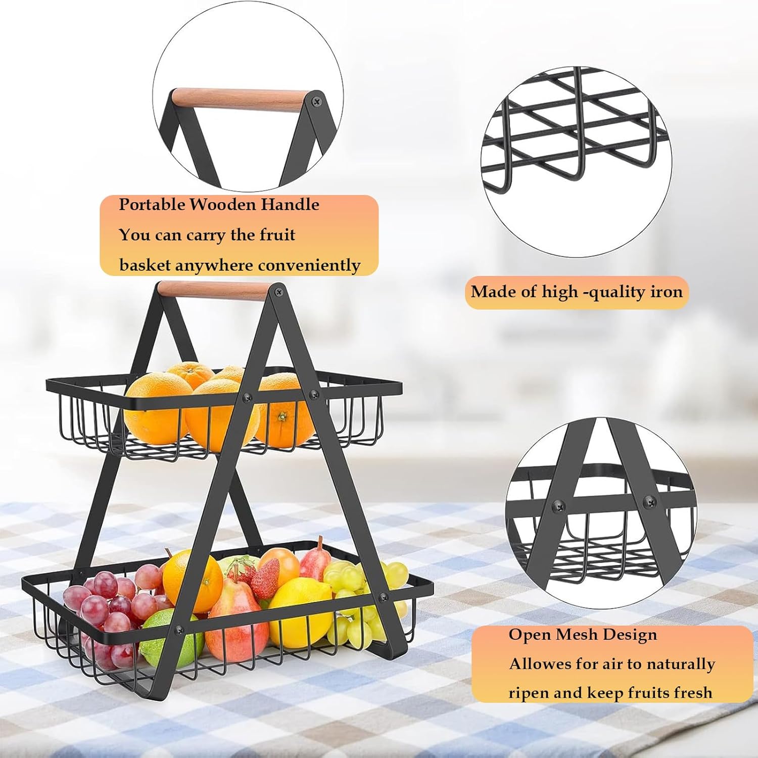CARLA HOME 2-Tier Fruit Basket Stand for Kitchen Countertop for Fruits, Vegetables, Bread & Snacks with Wooden Handle - Image 5