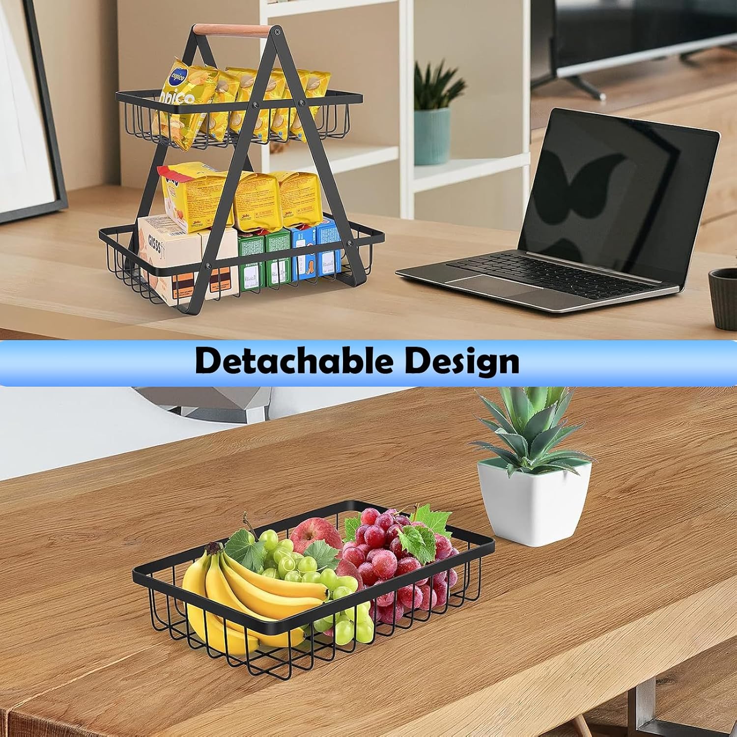 CARLA HOME 2-Tier Fruit Basket Stand for Kitchen Countertop for Fruits, Vegetables, Bread & Snacks with Wooden Handle - Image 6