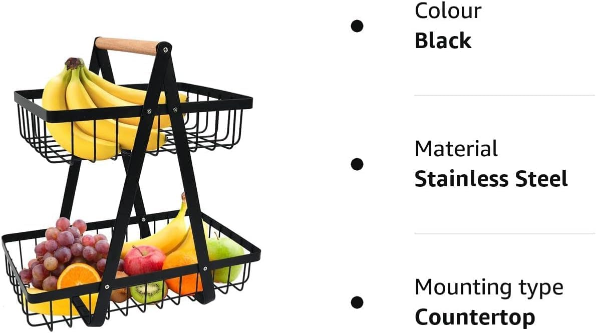 CARLA HOME 2-Tier Fruit Basket Stand for Kitchen Countertop for Fruits, Vegetables, Bread & Snacks with Wooden Handle - Image 7