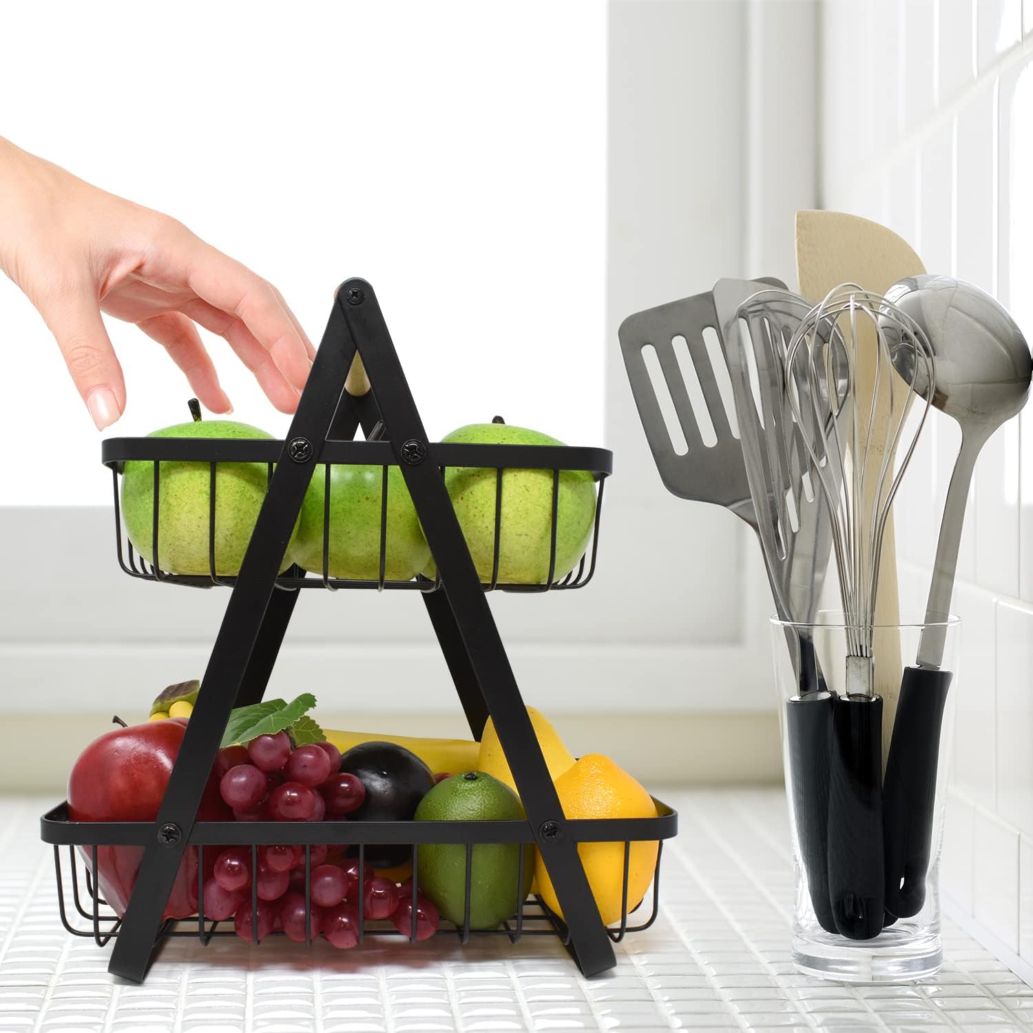 CARLA HOME 2-Tier Fruit Basket Stand for Kitchen Countertop for Fruits, Vegetables, Bread & Snacks with Wooden Handle - Image 9