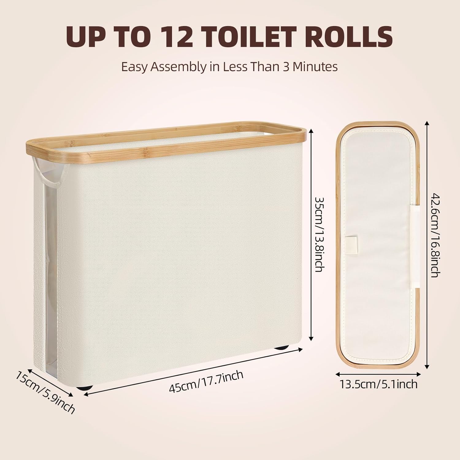 CARLA HOME Toilet Paper Storage Basket Holds Up to 12 Rolls with Bamboo Lid and Handle for RV Closet (White) - Image 3
