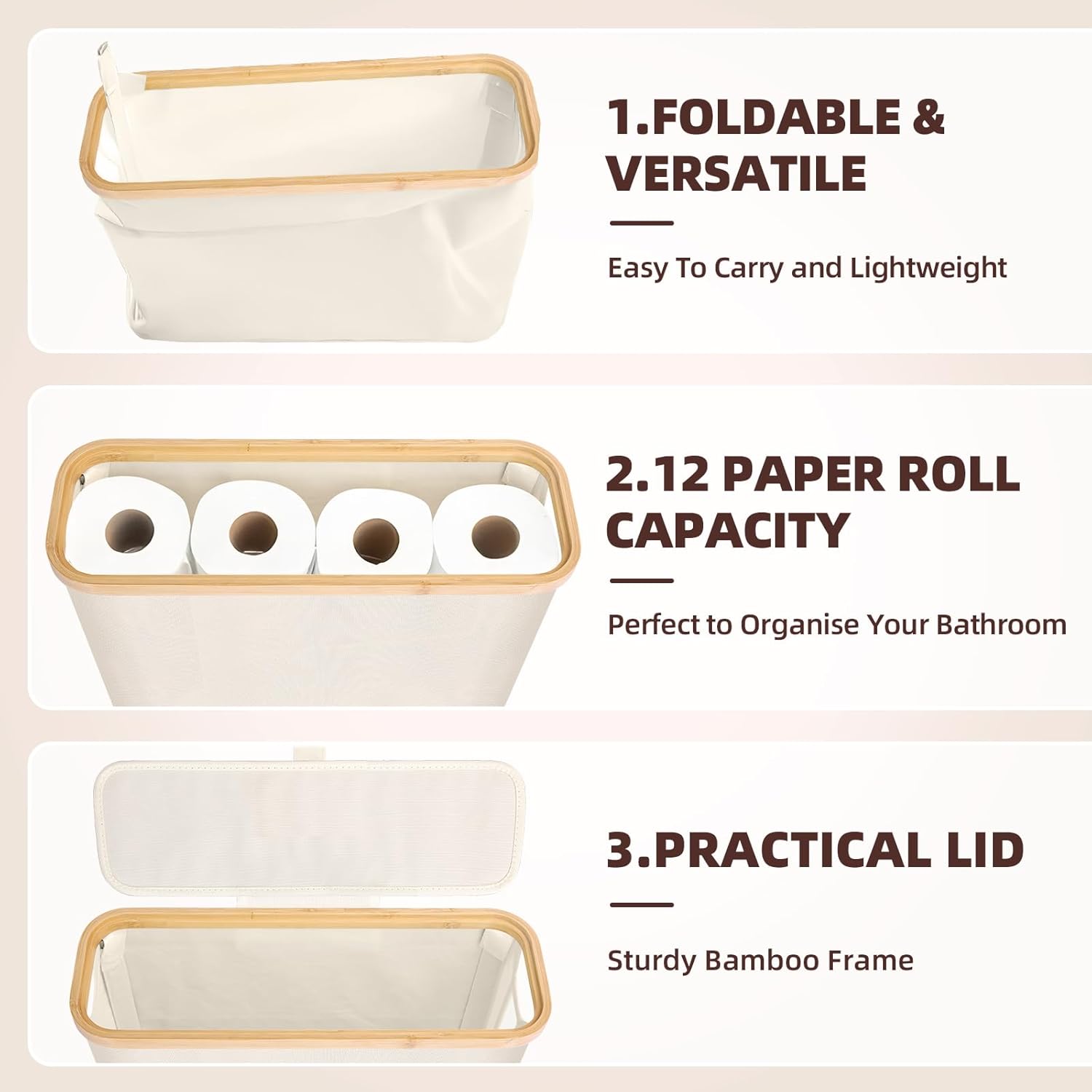 CARLA HOME Toilet Paper Storage Basket Holds Up to 12 Rolls with Bamboo Lid and Handle for RV Closet (White) - Image 5