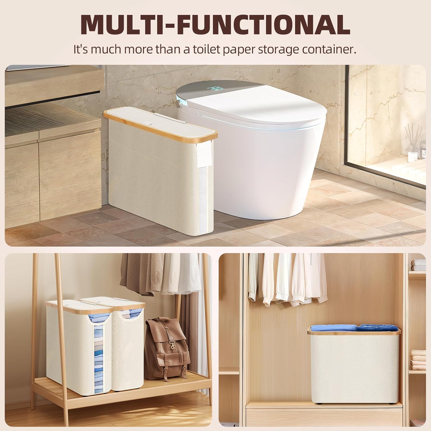 CARLA HOME Toilet Paper Storage Basket Holds Up to 12 Rolls with Bamboo Lid and Handle for RV Closet (White) - Image 8