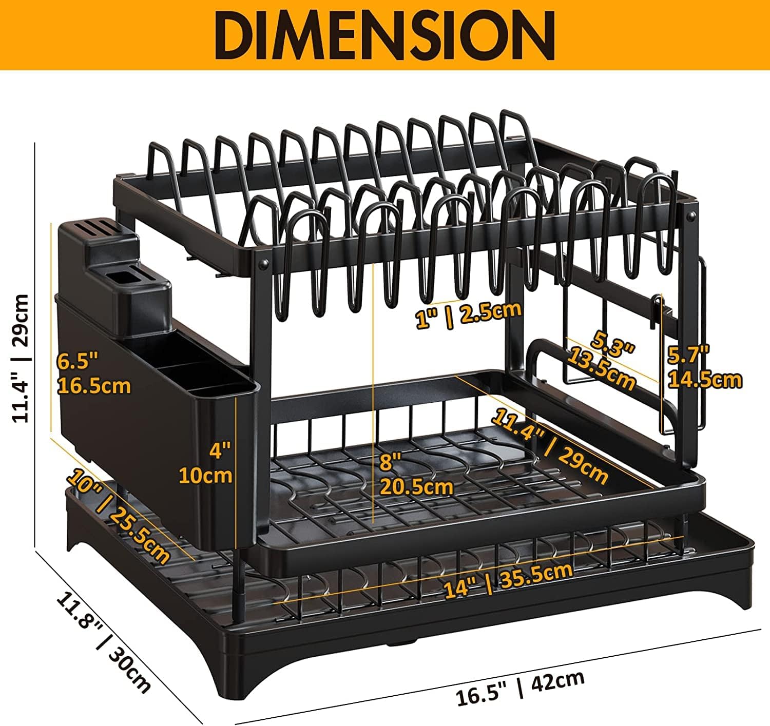 CARLA HOME 2-Tier Dish Drying Rack with Drainage Tray, Utensil Holder, Cup Hooks & Cutting Board Slot for Countertop Kitchen Storage (Black) - Image 2
