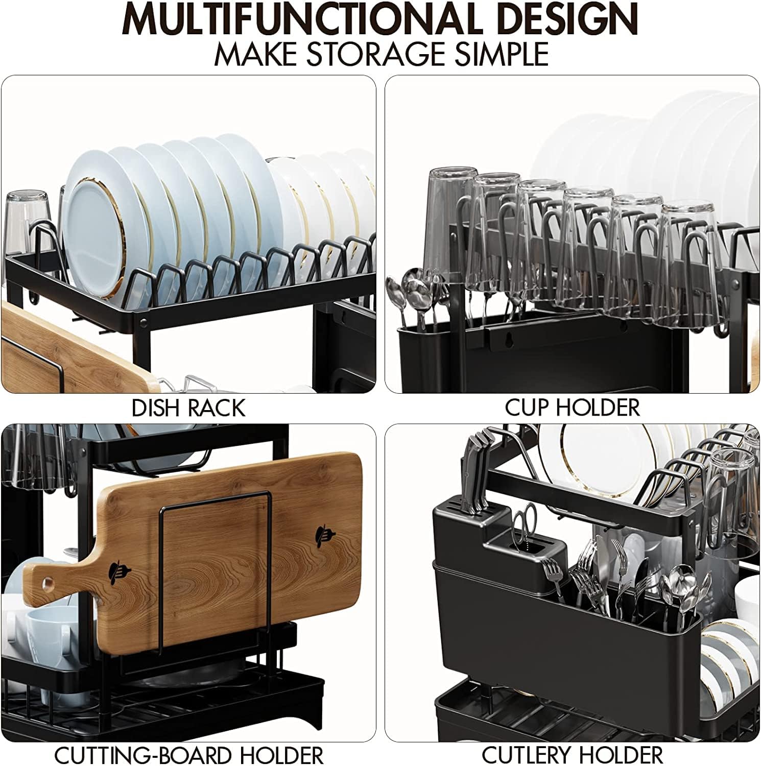 CARLA HOME 2-Tier Dish Drying Rack with Drainage Tray, Utensil Holder, Cup Hooks & Cutting Board Slot for Countertop Kitchen Storage (Black) - Image 3