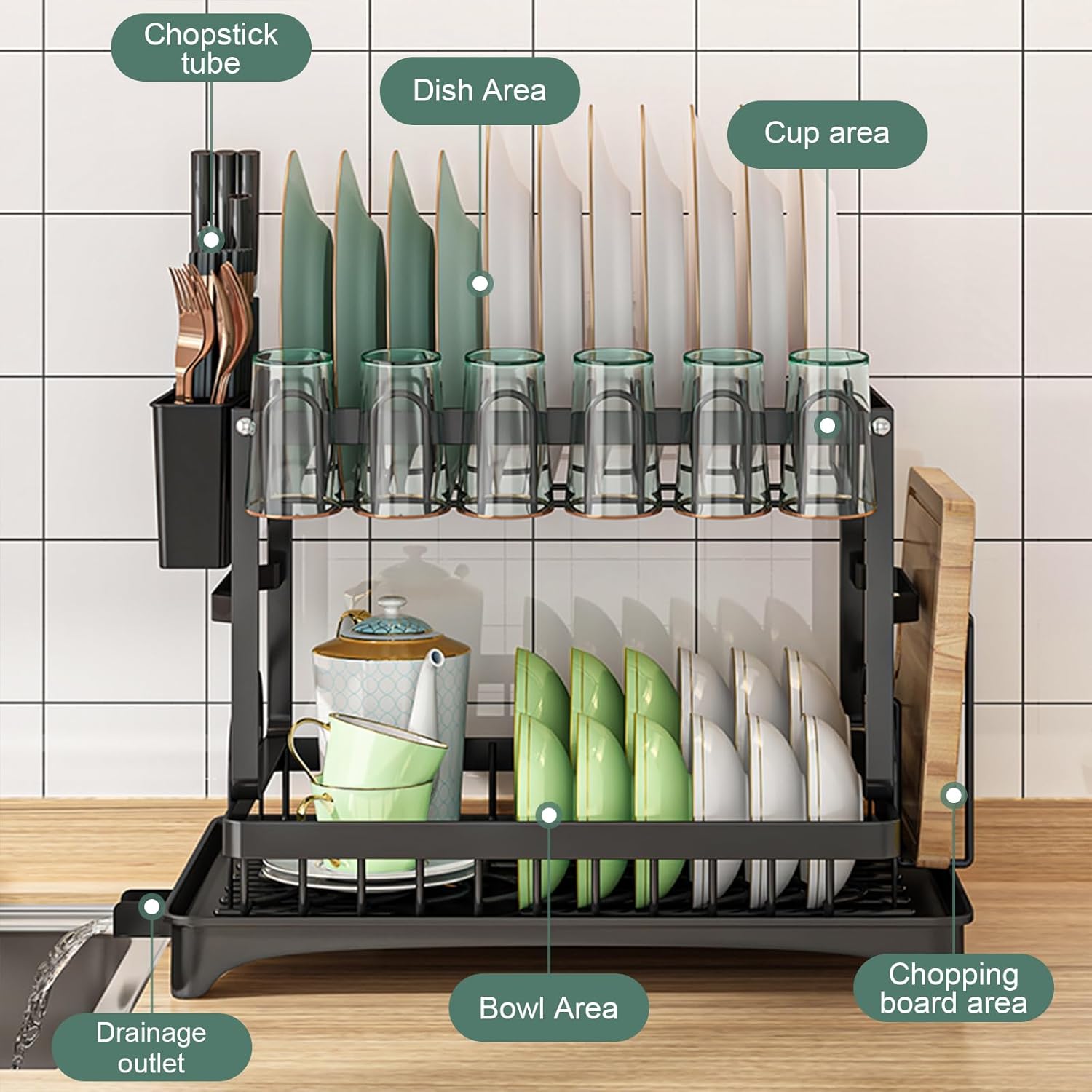 CARLA HOME 2-Tier Dish Drying Rack with Drainage Tray, Utensil Holder, Cup Hooks & Cutting Board Slot for Countertop Kitchen Storage (Black) - Image 4