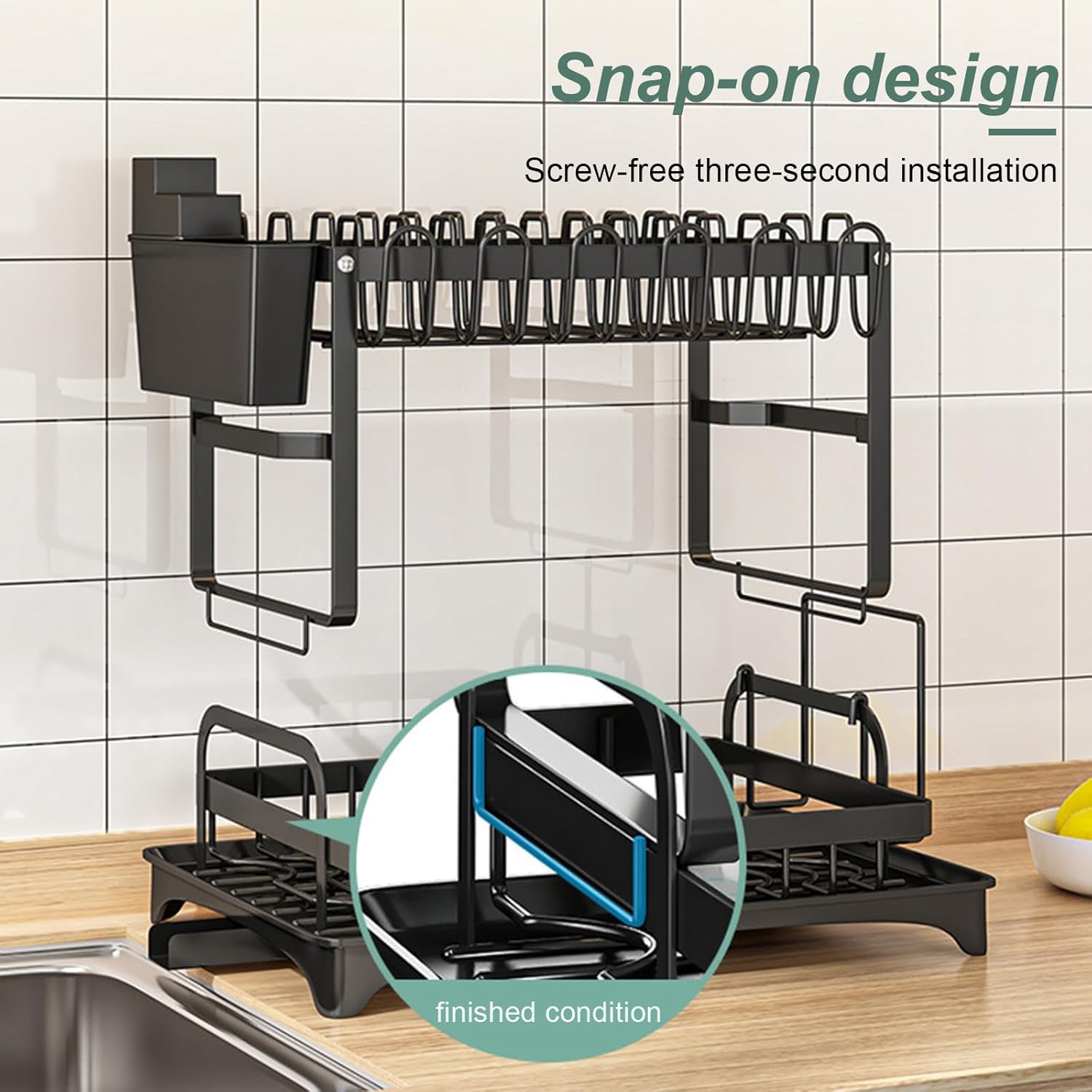 CARLA HOME 2-Tier Dish Drying Rack with Drainage Tray, Utensil Holder, Cup Hooks & Cutting Board Slot for Countertop Kitchen Storage (Black) - Image 5