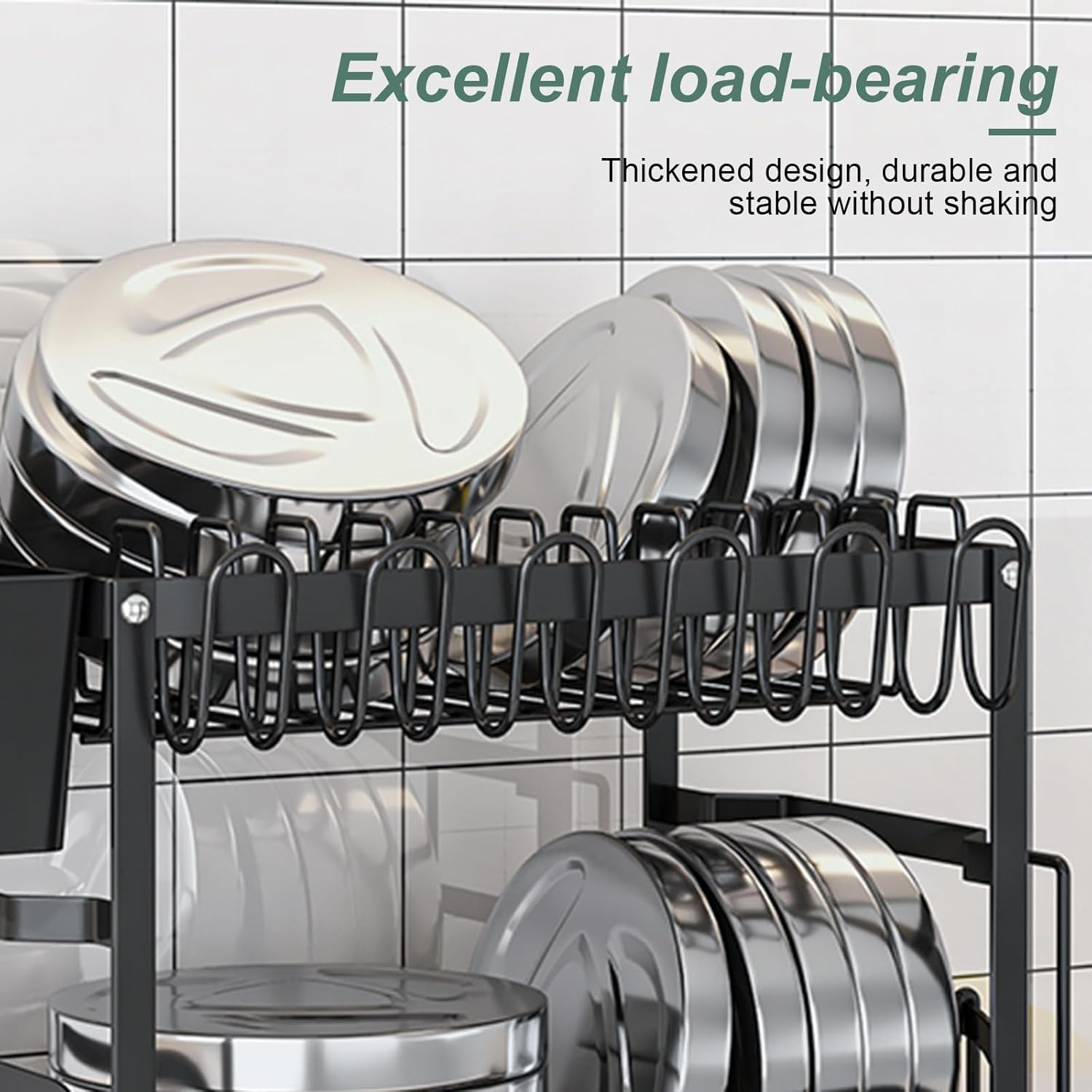 CARLA HOME 2-Tier Dish Drying Rack with Drainage Tray, Utensil Holder, Cup Hooks & Cutting Board Slot for Countertop Kitchen Storage (Black) - Image 7