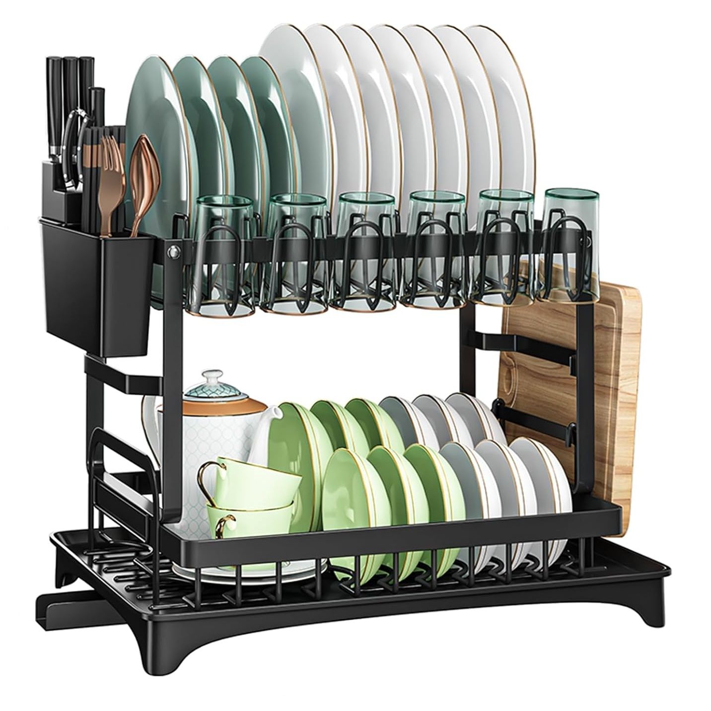 CARLA HOME 2-Tier Dish Drying Rack with Drainage Tray, Utensil Holder, Cup Hooks & Cutting Board Slot for Countertop Kitchen Storage (Black) - Image 9