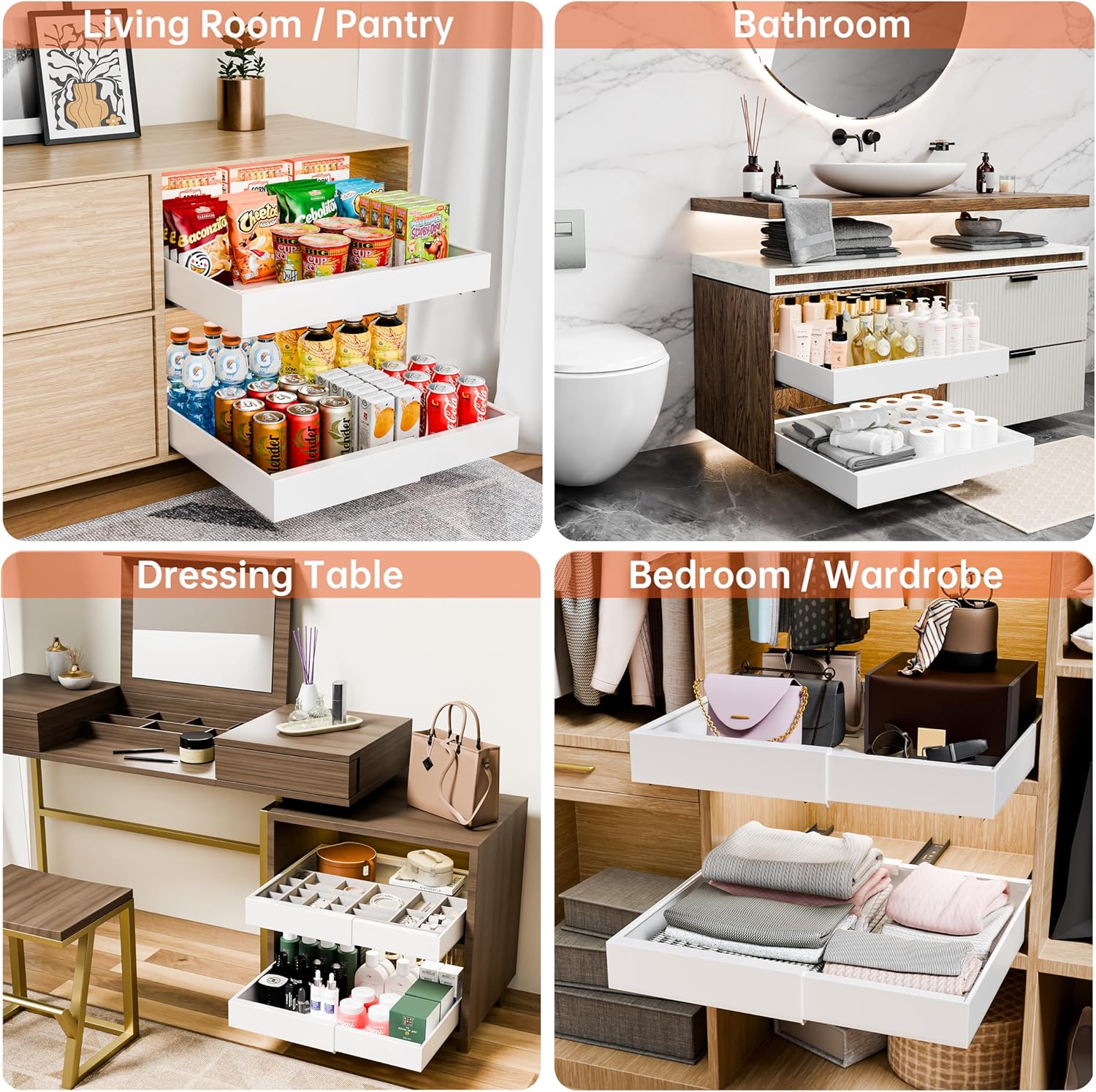CARLA HOME Pack Pull Out Cabinet Organizer Expandable for Cabinets with Adjustable Slide Out Shelves and Easy Installation (White) - Image 5