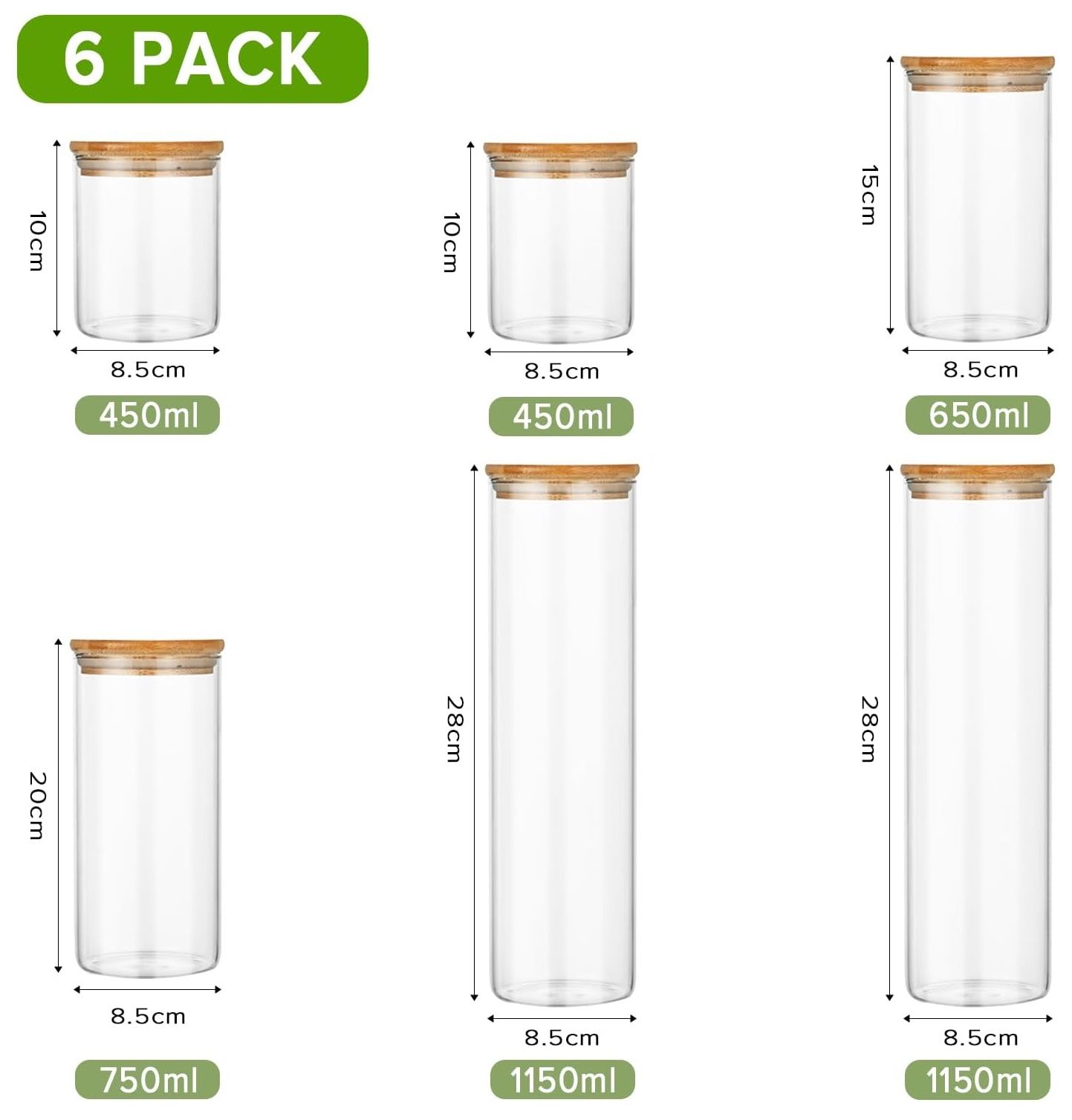CARLA HOME 6 Pack Glass Storage Jars with Bamboo Lids for Kitchen Pantry, Pasta, Snacks, Cookies, Candy & More - Image 2