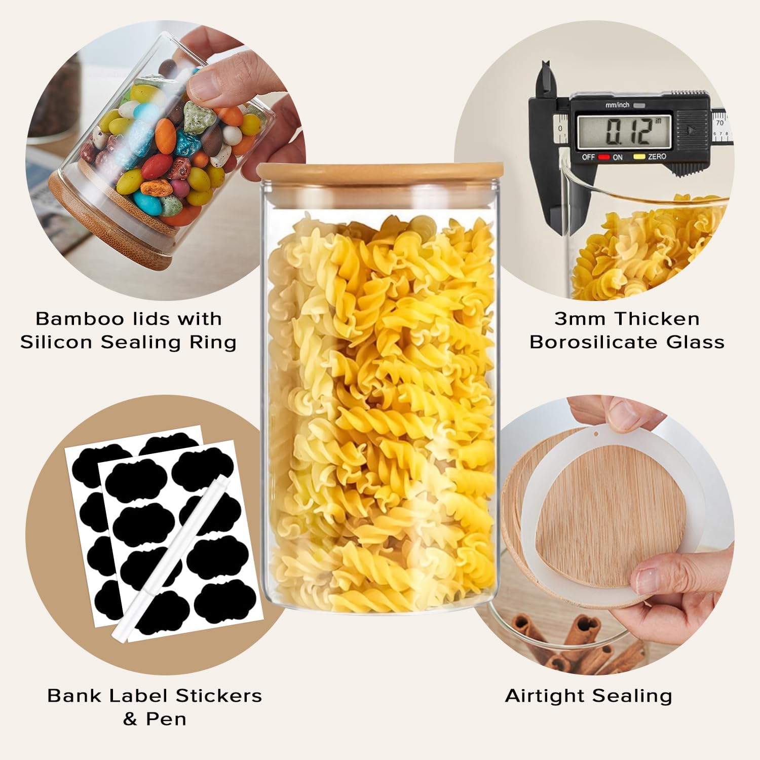 CARLA HOME 6 Pack Glass Storage Jars with Bamboo Lids for Kitchen Pantry, Pasta, Snacks, Cookies, Candy & More - Image 3