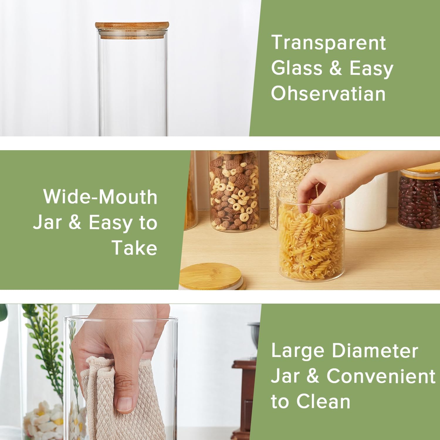 CARLA HOME 6 Pack Glass Storage Jars with Bamboo Lids for Kitchen Pantry, Pasta, Snacks, Cookies, Candy & More - Image 4