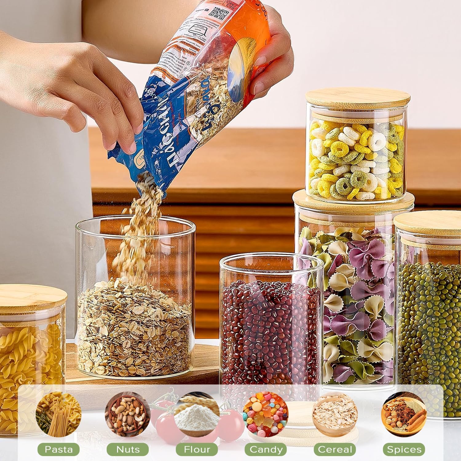 CARLA HOME 6 Pack Glass Storage Jars with Bamboo Lids for Kitchen Pantry, Pasta, Snacks, Cookies, Candy & More - Image 5
