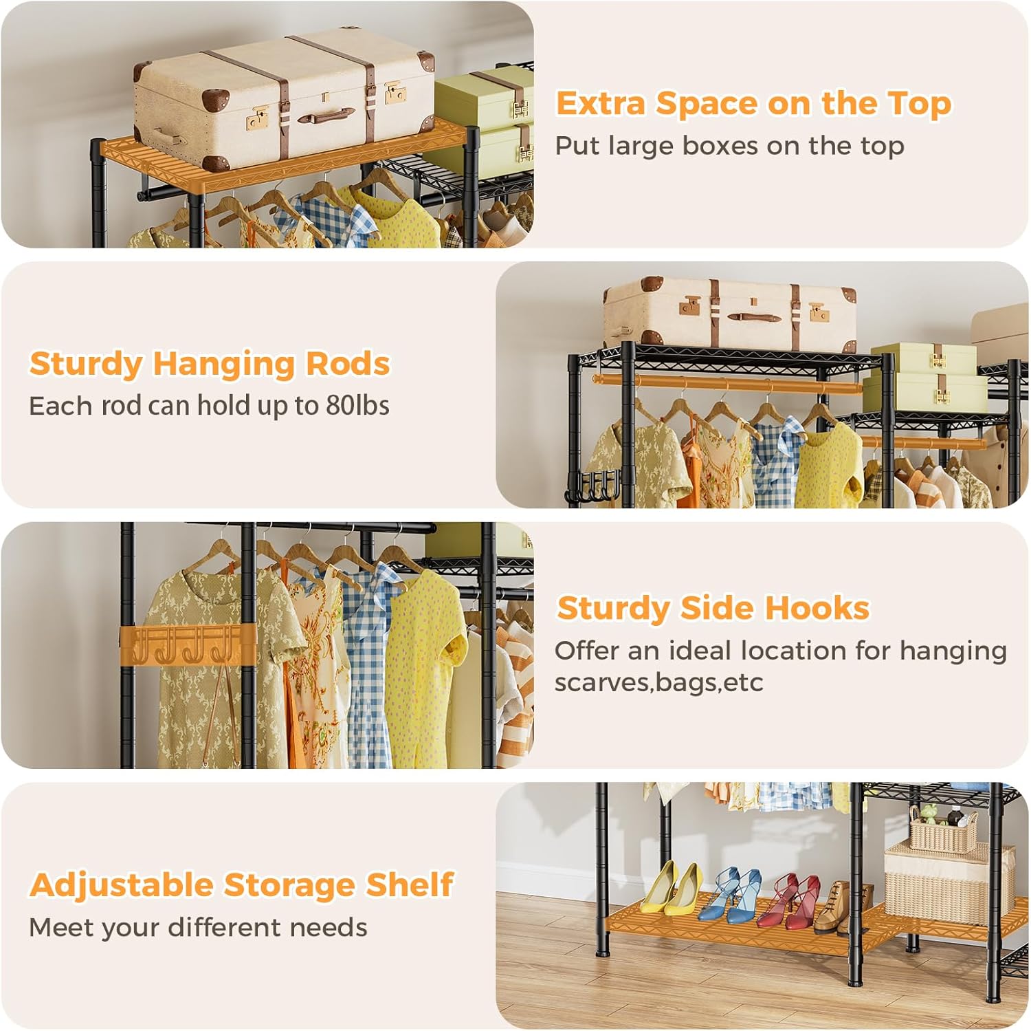 CARLA HOME Heavy Duty Clothing Garment Rack Organizer with Hanging Rods & Storage Shelves for Clothes, Shoes & Wardrobe - Image 5