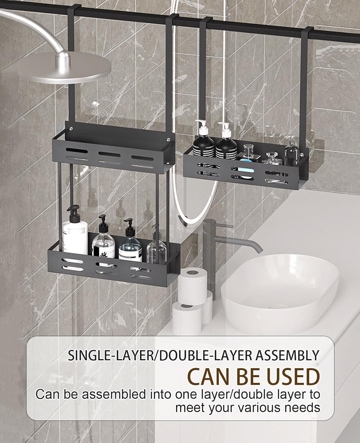 CARLA HOME Over the Door 2-tier Shower Caddy Organizer Shelf with Hooks for Bathroom - Image 3