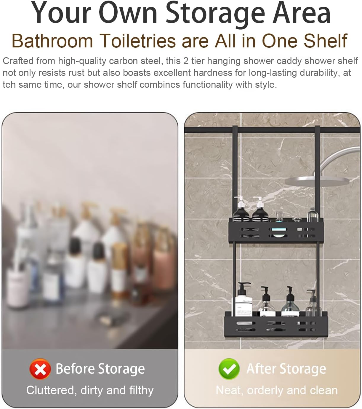 CARLA HOME Over the Door 2-tier Shower Caddy Organizer Shelf with Hooks for Bathroom - Image 4