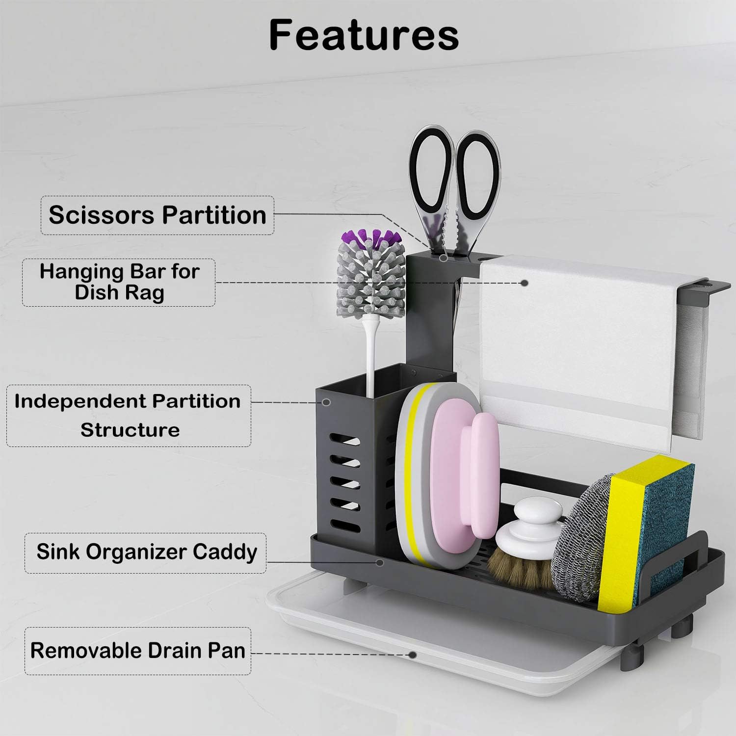 CARLA HOME Kitchen Sink Caddy Organizer with Sponge, Soap & Brush Storage and Rag Rack, Drain Tray & Utensil Holder - Image 4