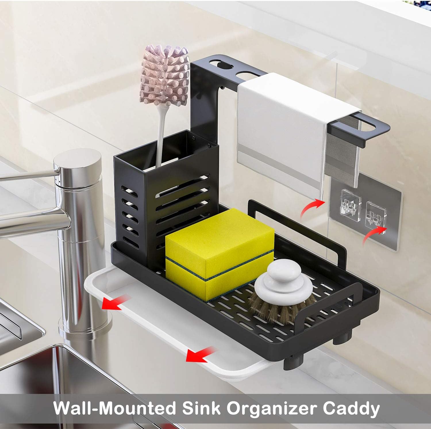 CARLA HOME Kitchen Sink Caddy Organizer with Sponge, Soap & Brush Storage and Rag Rack, Drain Tray & Utensil Holder - Image 5