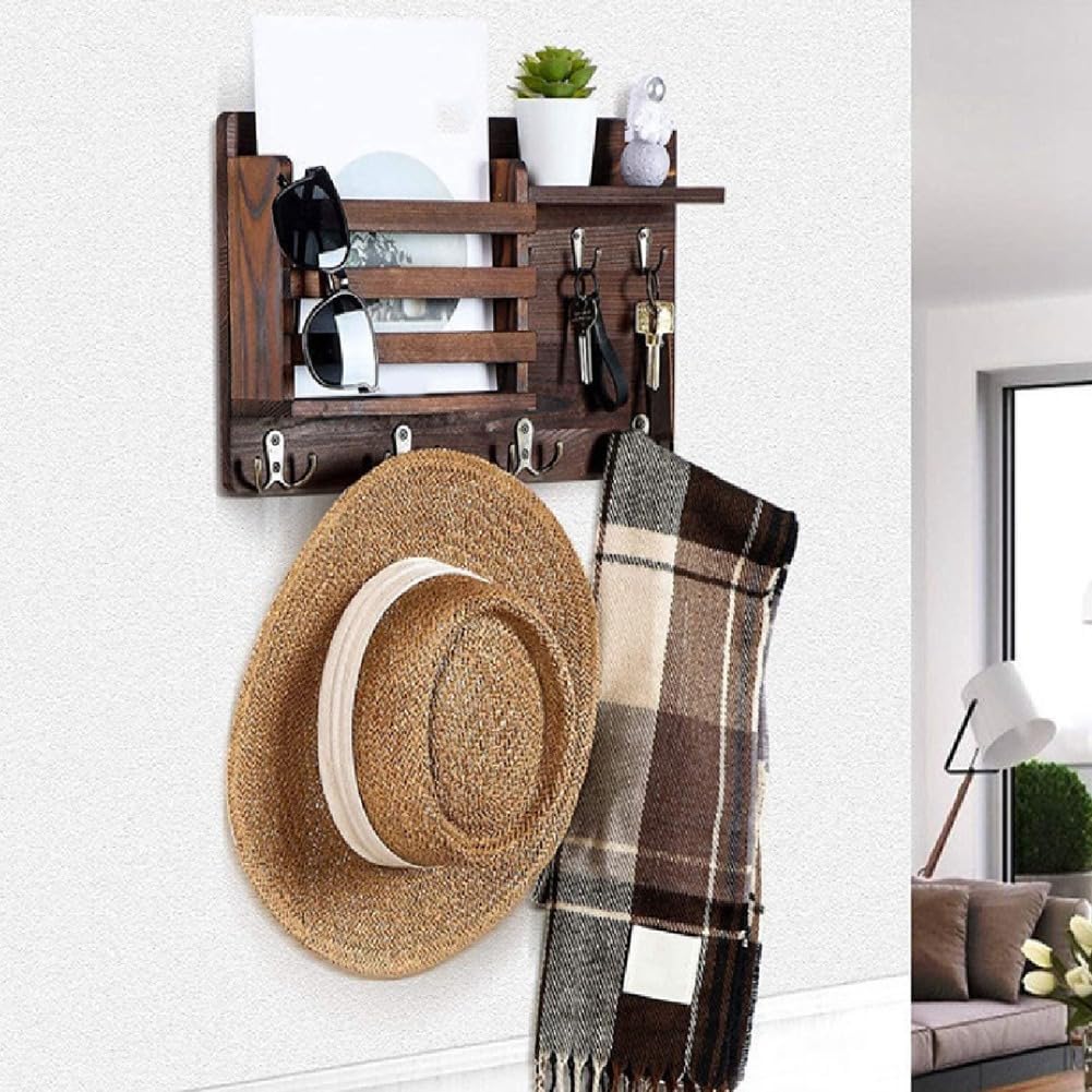 CARLA HOME Rustic Wood Wall Mounted Key and Mail Holder Organizer with Shelf, Letter Slot & 6 Hooks for Entryway Decor Home - Image 2