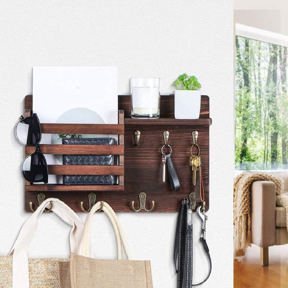 CARLA HOME Rustic Wood Wall Mounted Key and Mail Holder Organizer with Shelf, Letter Slot & 6 Hooks for Entryway Decor Home - Image 3