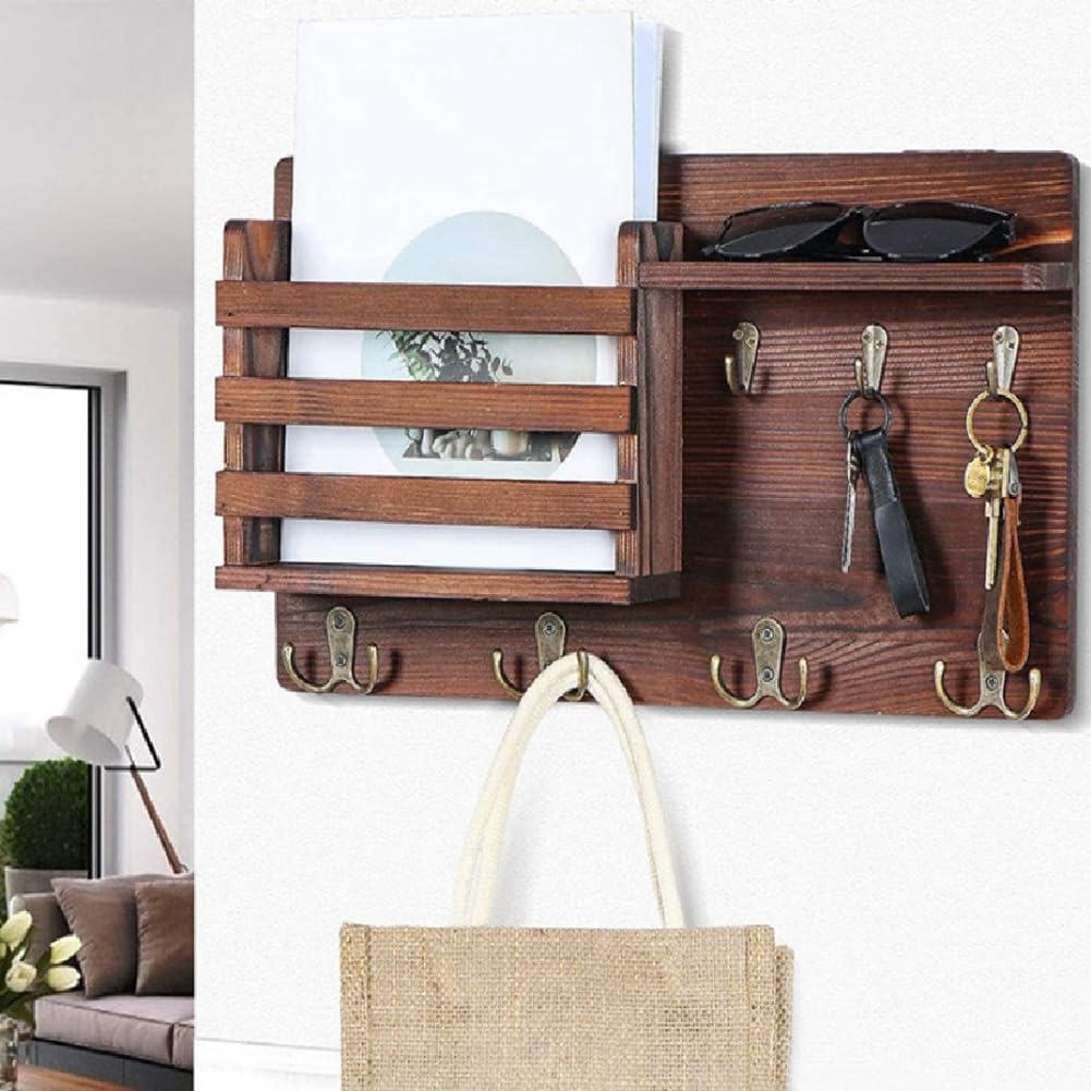 CARLA HOME Rustic Wood Wall Mounted Key and Mail Holder Organizer with Shelf, Letter Slot & 6 Hooks for Entryway Decor Home - Image 4