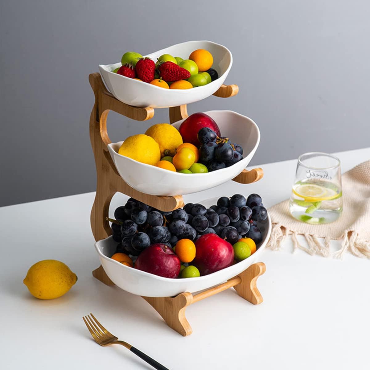 CARLA HOME 3-Tier Ceramic Fruit Bowl Basket with Bamboo Stand for Kitchen Counter, Snack Tray, Dessert Server & Vegetable Storage Rack - Image 10