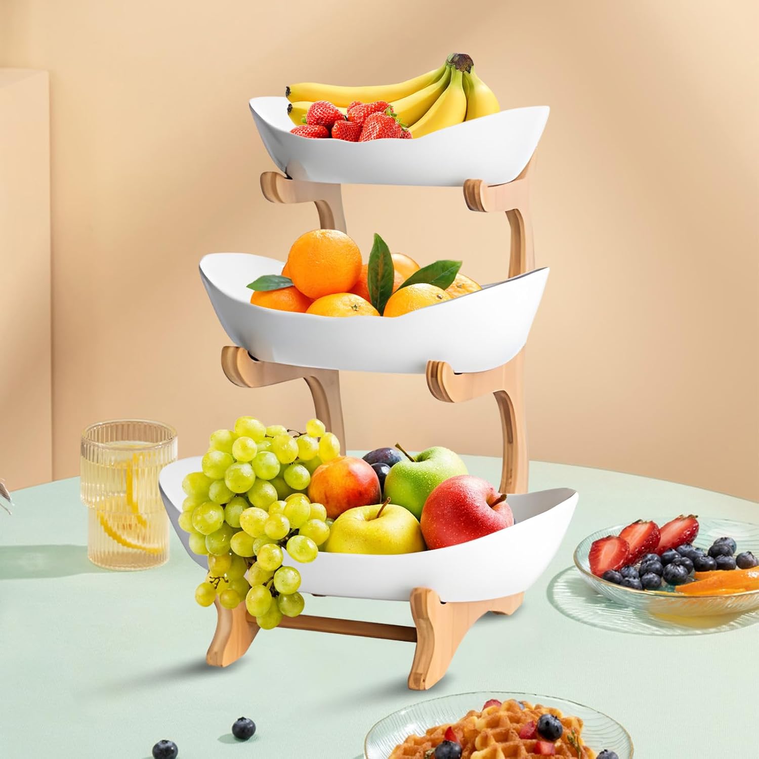 CARLA HOME 3-Tier Ceramic Fruit Bowl Basket with Bamboo Stand for Kitchen Counter, Snack Tray, Dessert Server & Vegetable Storage Rack - Image 2