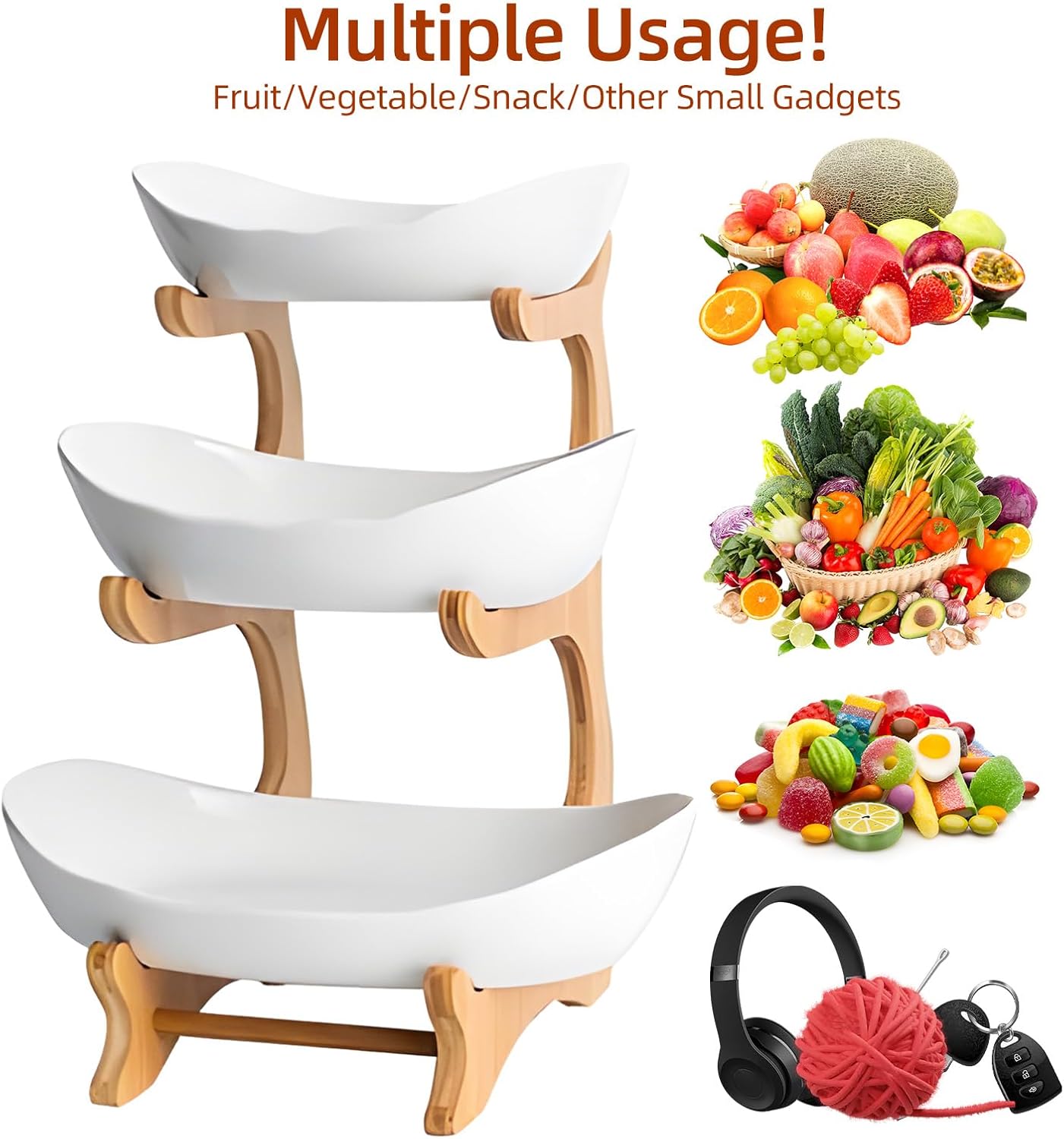 CARLA HOME 3-Tier Ceramic Fruit Bowl Basket with Bamboo Stand for Kitchen Counter, Snack Tray, Dessert Server & Vegetable Storage Rack - Image 3