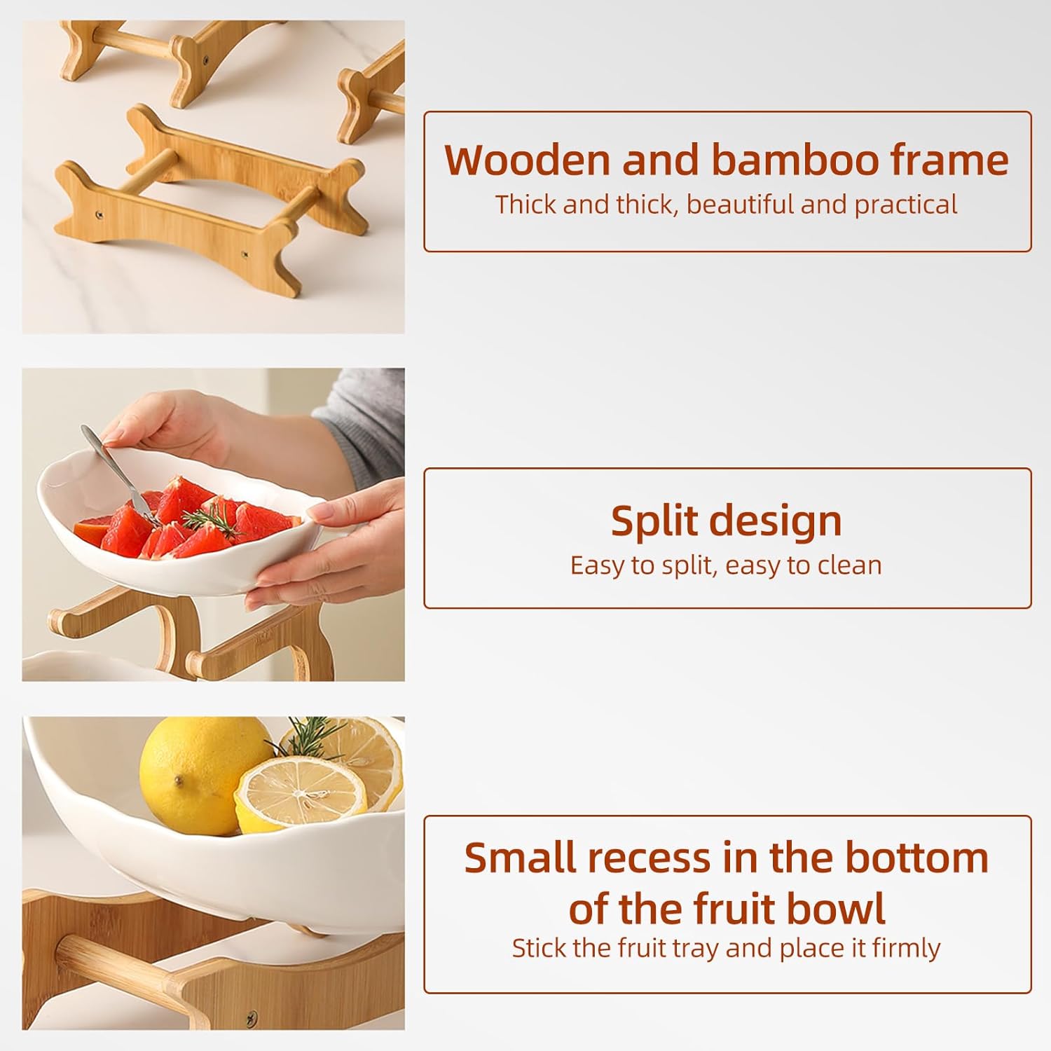 CARLA HOME 3-Tier Ceramic Fruit Bowl Basket with Bamboo Stand for Kitchen Counter, Snack Tray, Dessert Server & Vegetable Storage Rack - Image 4