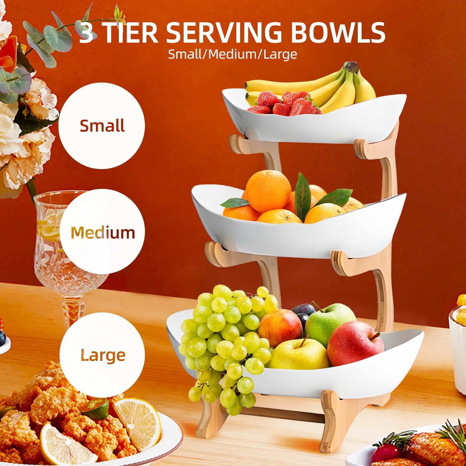 CARLA HOME 3-Tier Ceramic Fruit Bowl Basket with Bamboo Stand for Kitchen Counter, Snack Tray, Dessert Server & Vegetable Storage Rack - Image 5