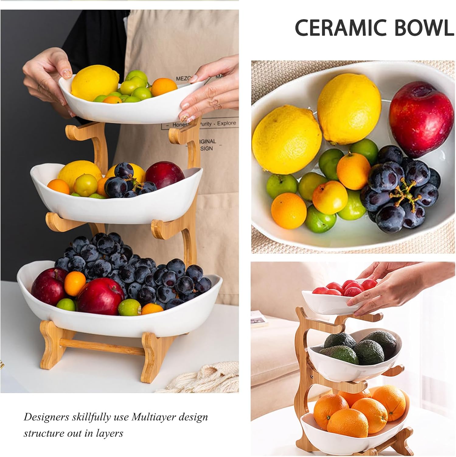 CARLA HOME 3-Tier Ceramic Fruit Bowl Basket with Bamboo Stand for Kitchen Counter, Snack Tray, Dessert Server & Vegetable Storage Rack - Image 6