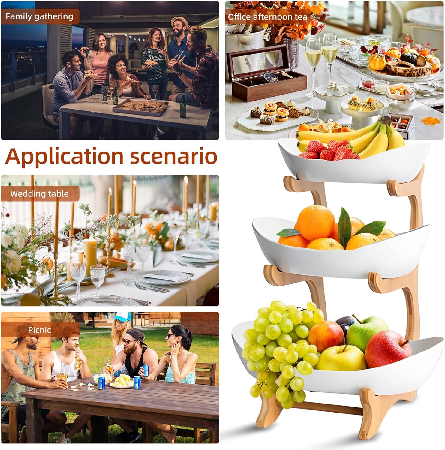 CARLA HOME 3-Tier Ceramic Fruit Bowl Basket with Bamboo Stand for Kitchen Counter, Snack Tray, Dessert Server & Vegetable Storage Rack - Image 7