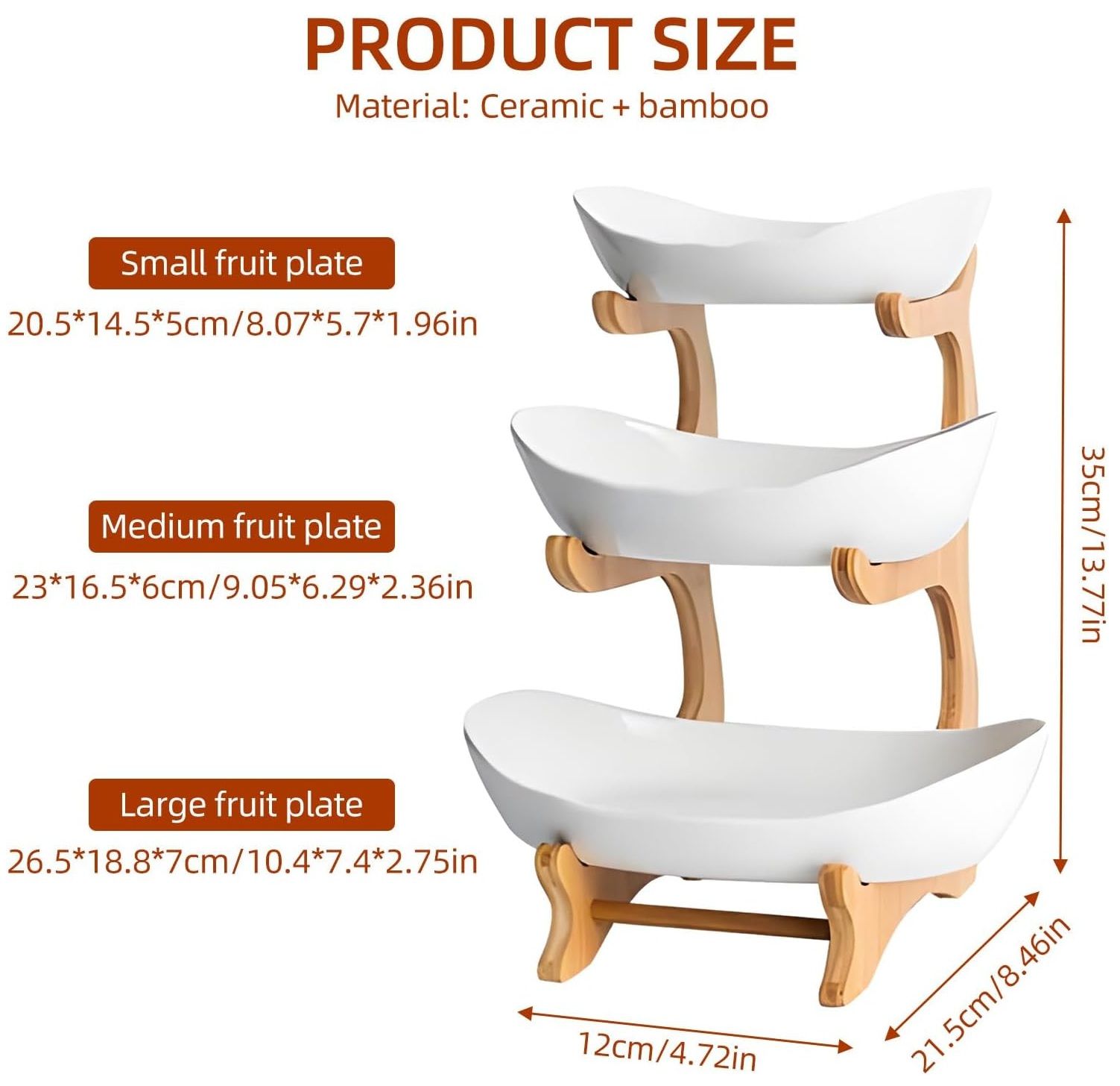 CARLA HOME 3-Tier Ceramic Fruit Bowl Basket with Bamboo Stand for Kitchen Counter, Snack Tray, Dessert Server & Vegetable Storage Rack - Image 8