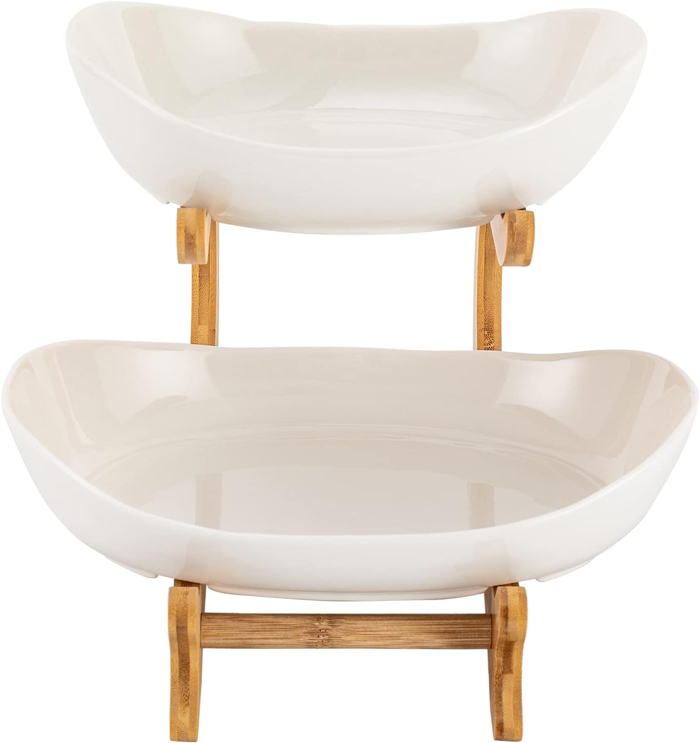 CARLA HOME 2-Tier Ceramic Fruit Bowl Basket with Bamboo Stand for Kitchen Counter, Snack Tray, Dessert Server & Vegetable Storage Rack - Image 10