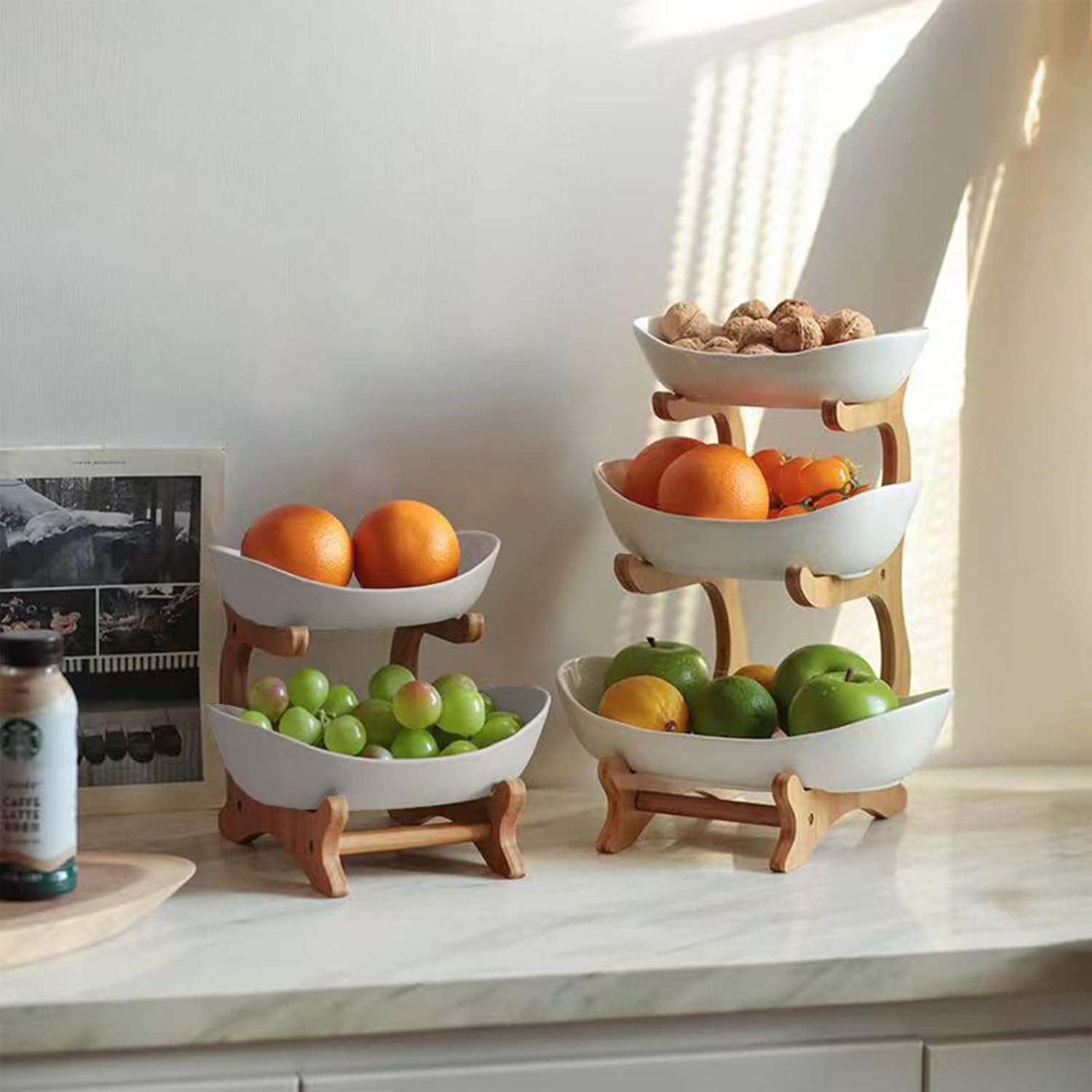 CARLA HOME 2-Tier Ceramic Fruit Bowl Basket with Bamboo Stand for Kitchen Counter, Snack Tray, Dessert Server & Vegetable Storage Rack - Image 2