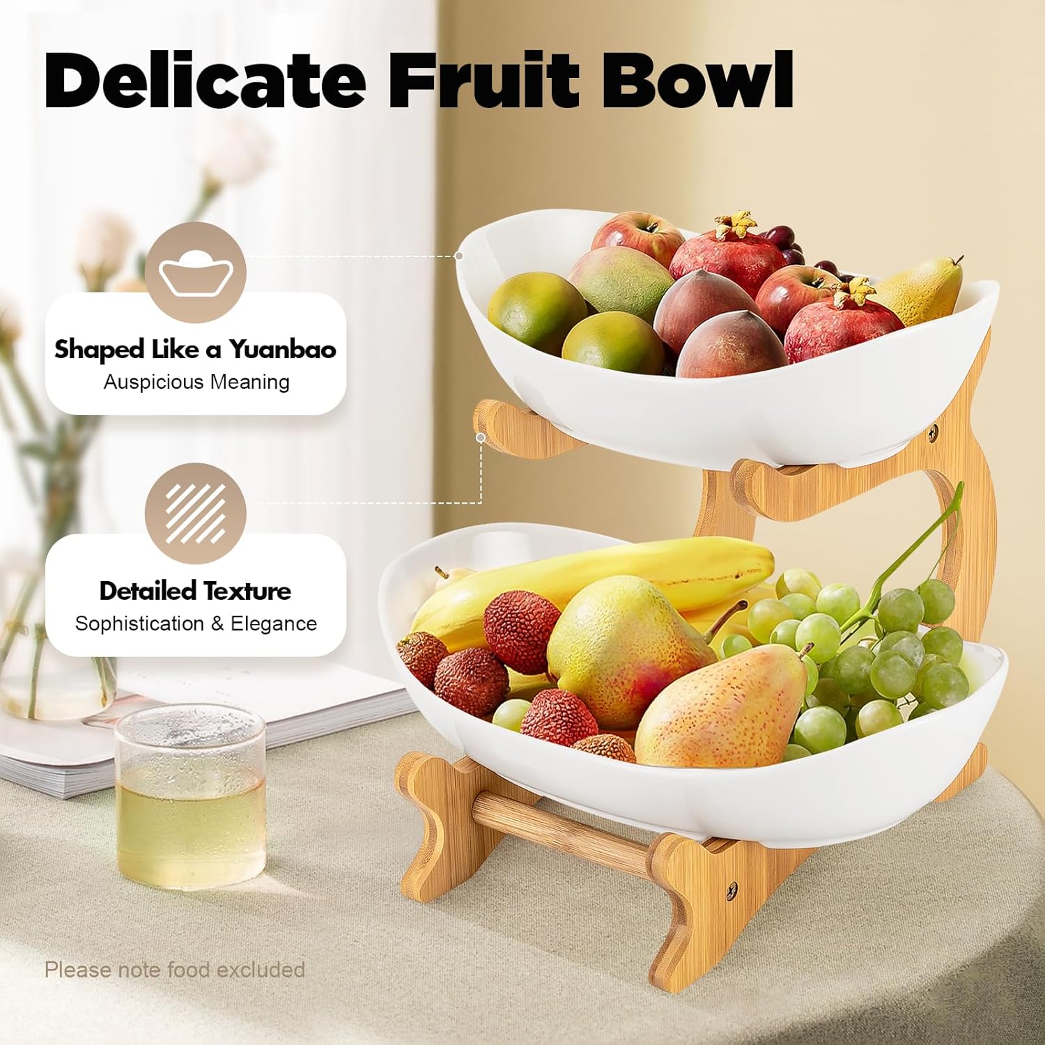 CARLA HOME 2-Tier Ceramic Fruit Bowl Basket with Bamboo Stand for Kitchen Counter, Snack Tray, Dessert Server & Vegetable Storage Rack - Image 3