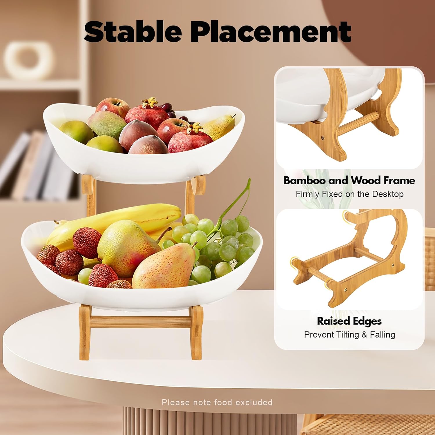 CARLA HOME 2-Tier Ceramic Fruit Bowl Basket with Bamboo Stand for Kitchen Counter, Snack Tray, Dessert Server & Vegetable Storage Rack - Image 4