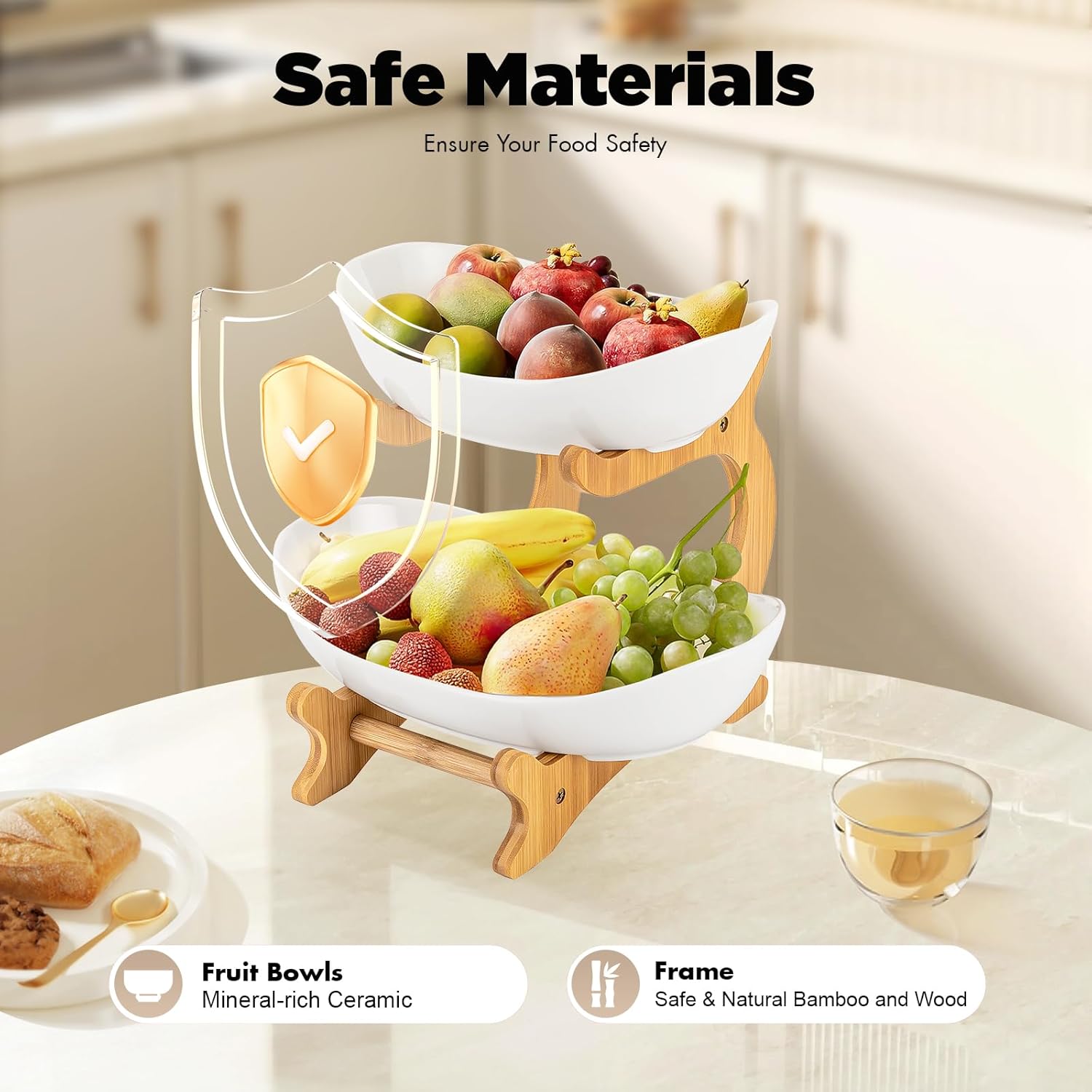 CARLA HOME 2-Tier Ceramic Fruit Bowl Basket with Bamboo Stand for Kitchen Counter, Snack Tray, Dessert Server & Vegetable Storage Rack - Image 5