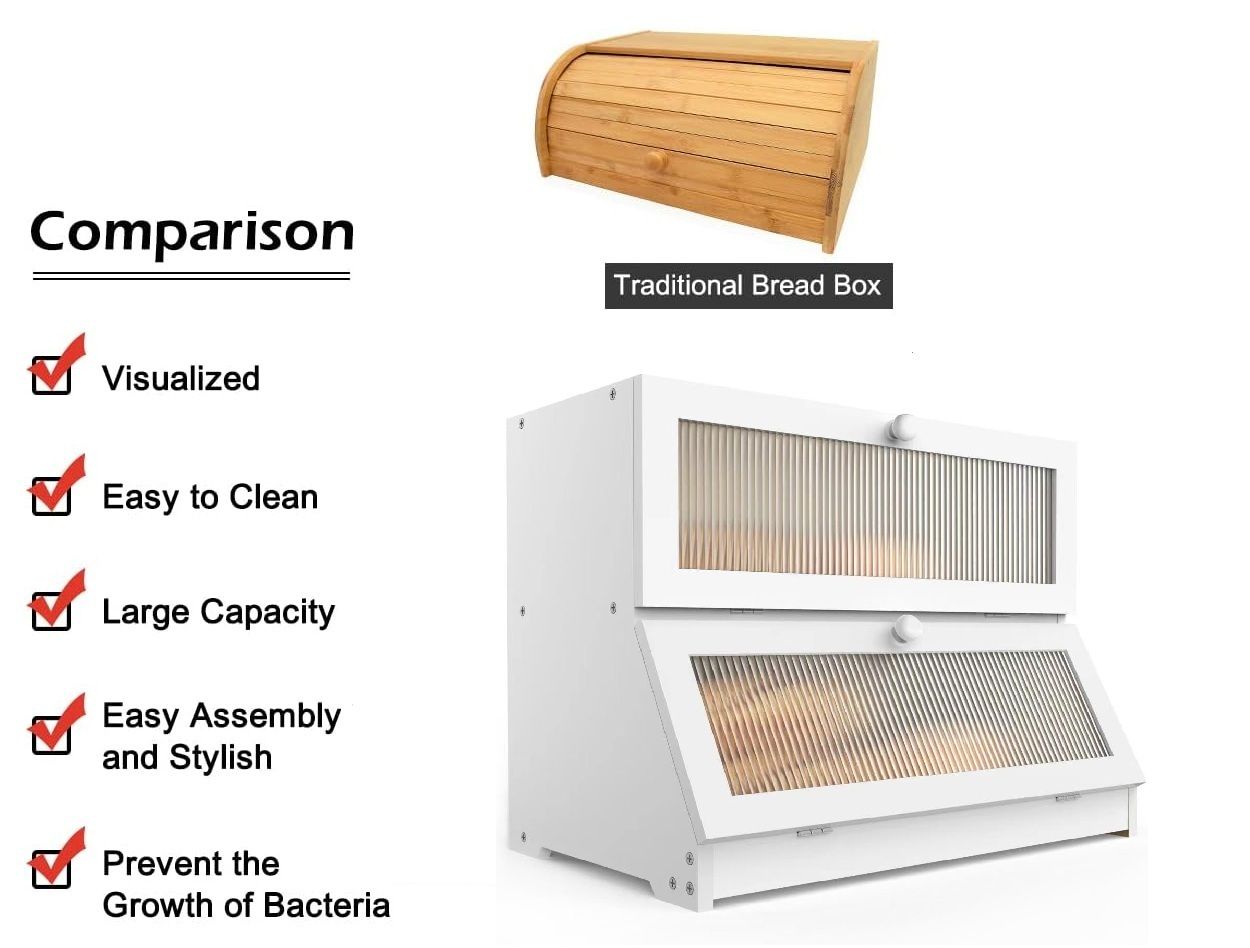 CARLA HOME Double Layer Bamboo Bread Box for Kitchen Counter - Large Capacity Bread Storage Container with Clear Window, Easy Assembly, Farmhouse Style Bread Holder (White) - Image 8