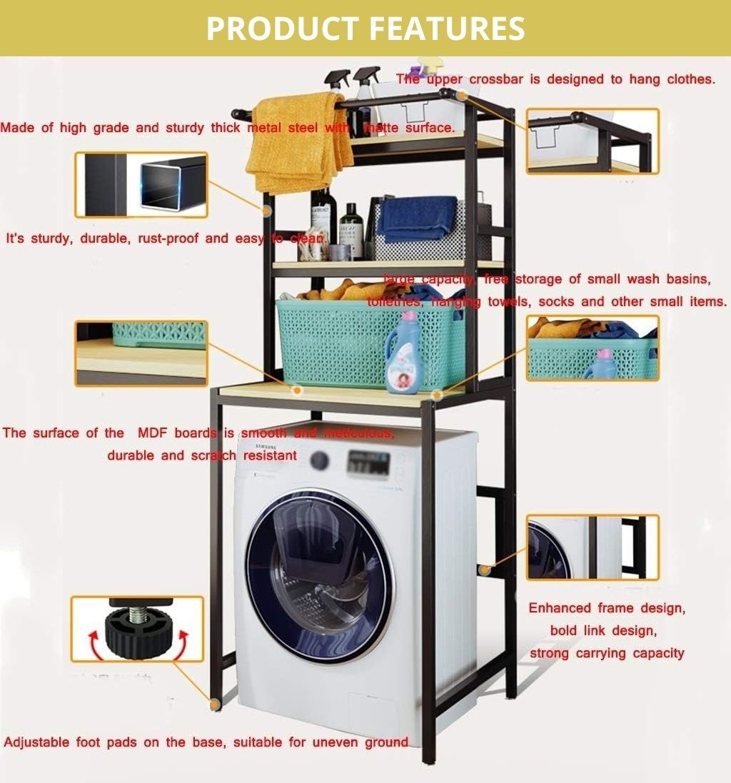 CARLA HOME 3-Tier Over Washing Machine Storage Rack Laundry Shelf Organizer for Bathroom or Toilet (Black) - Image 5
