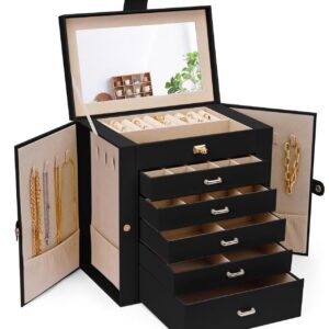 CARLA HOME 6-Layer Large Jewelry Box for Women with Drawers, Mirror, Lock, Necklace Hooks & Side Compartments for Rings, Earrings, Bracelets, Gifts (Black)