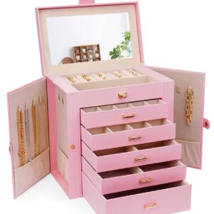 CARLA HOME 6-Layer Large Jewelry Box for Women with Drawers, Mirror, Lock, Necklace Hooks & Side Compartments for Rings, Earrings, Bracelets, Gifts (Pink)