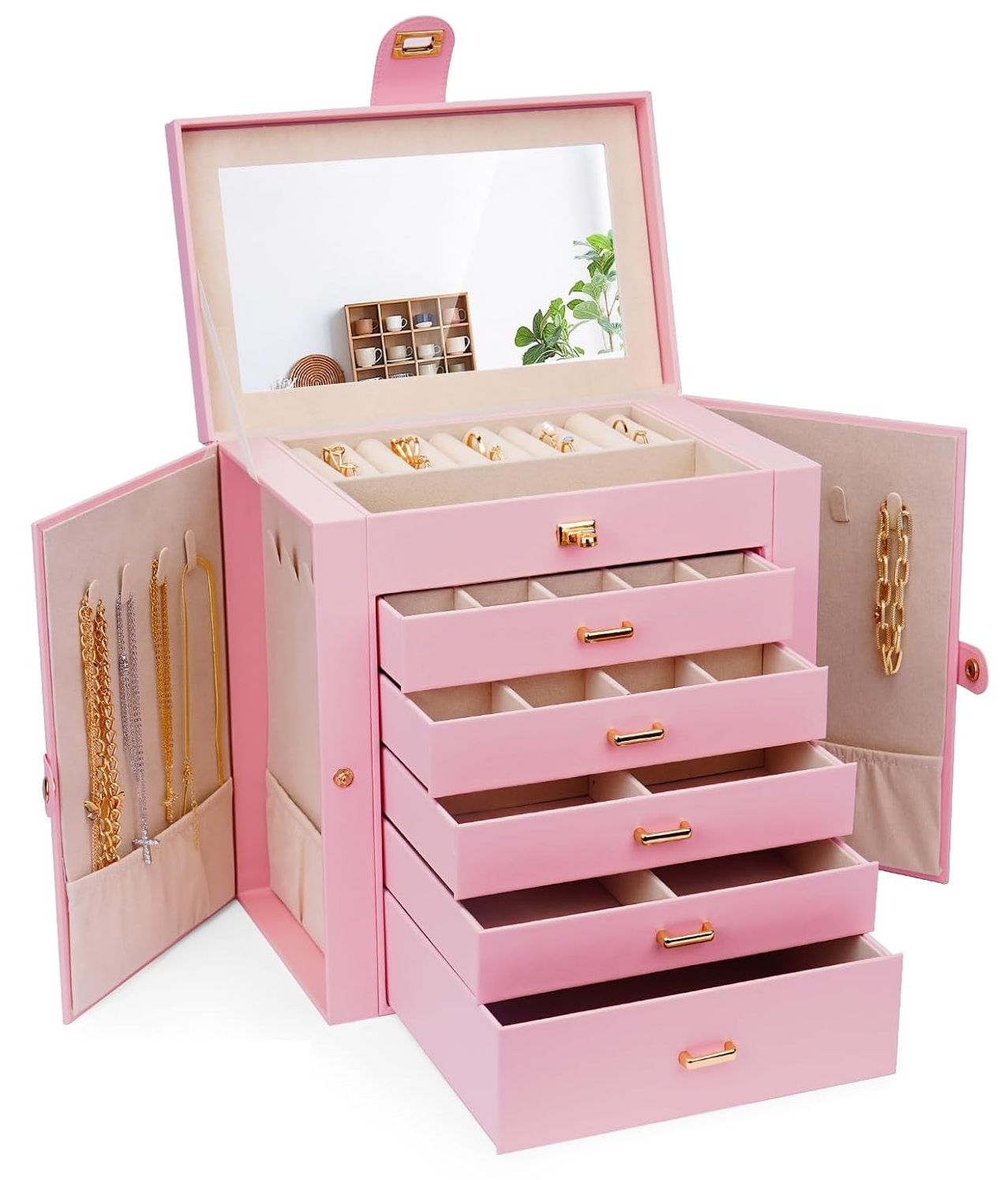 CARLA HOME 6-Layer Large Jewelry Box for Women with Drawers, Mirror, Lock, Necklace Hooks & Side Compartments for Rings, Earrings, Bracelets, Gifts (Pink)
