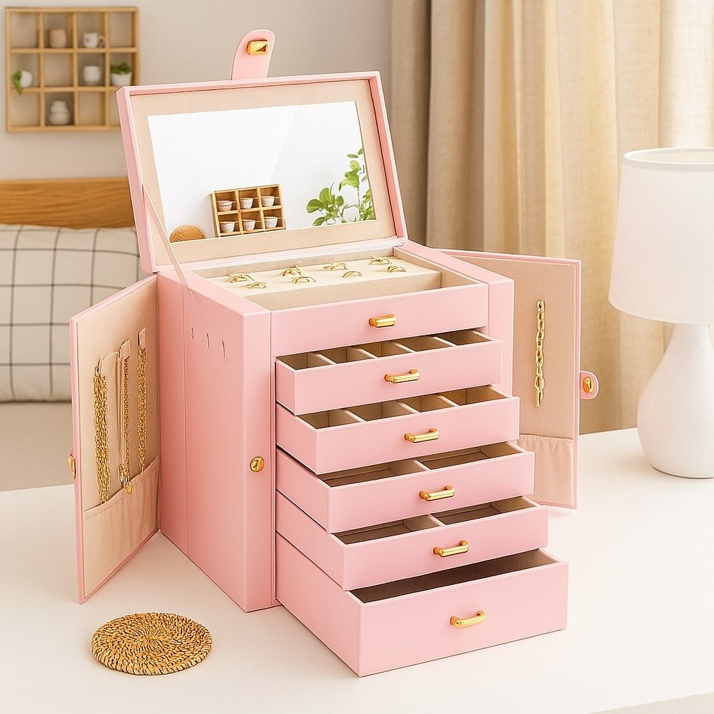 CARLA HOME 6-Layer Large Jewelry Box for Women with Drawers, Mirror, Lock, Necklace Hooks & Side Compartments for Rings, Earrings, Bracelets, Gifts (Pink) - Image 2