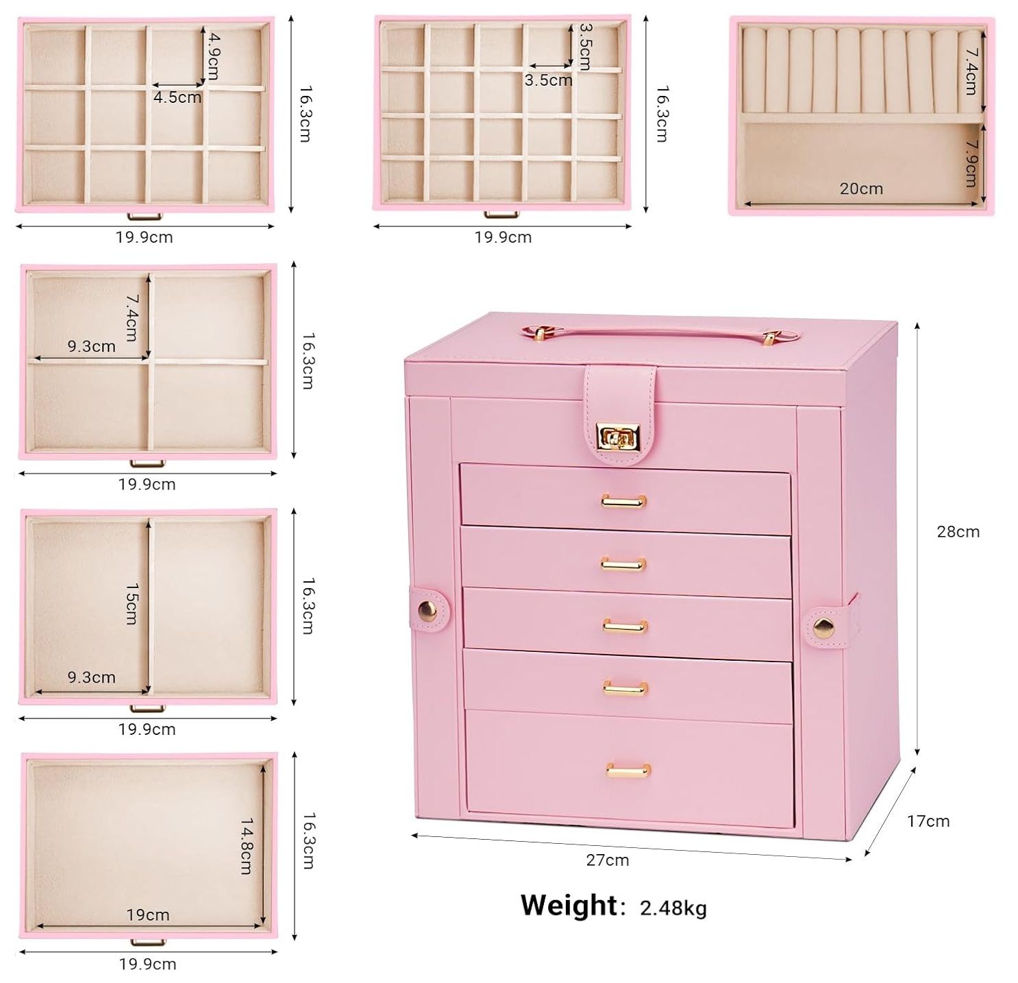 CARLA HOME 6-Layer Large Jewelry Box for Women with Drawers, Mirror, Lock, Necklace Hooks & Side Compartments for Rings, Earrings, Bracelets, Gifts (Pink) - Image 3