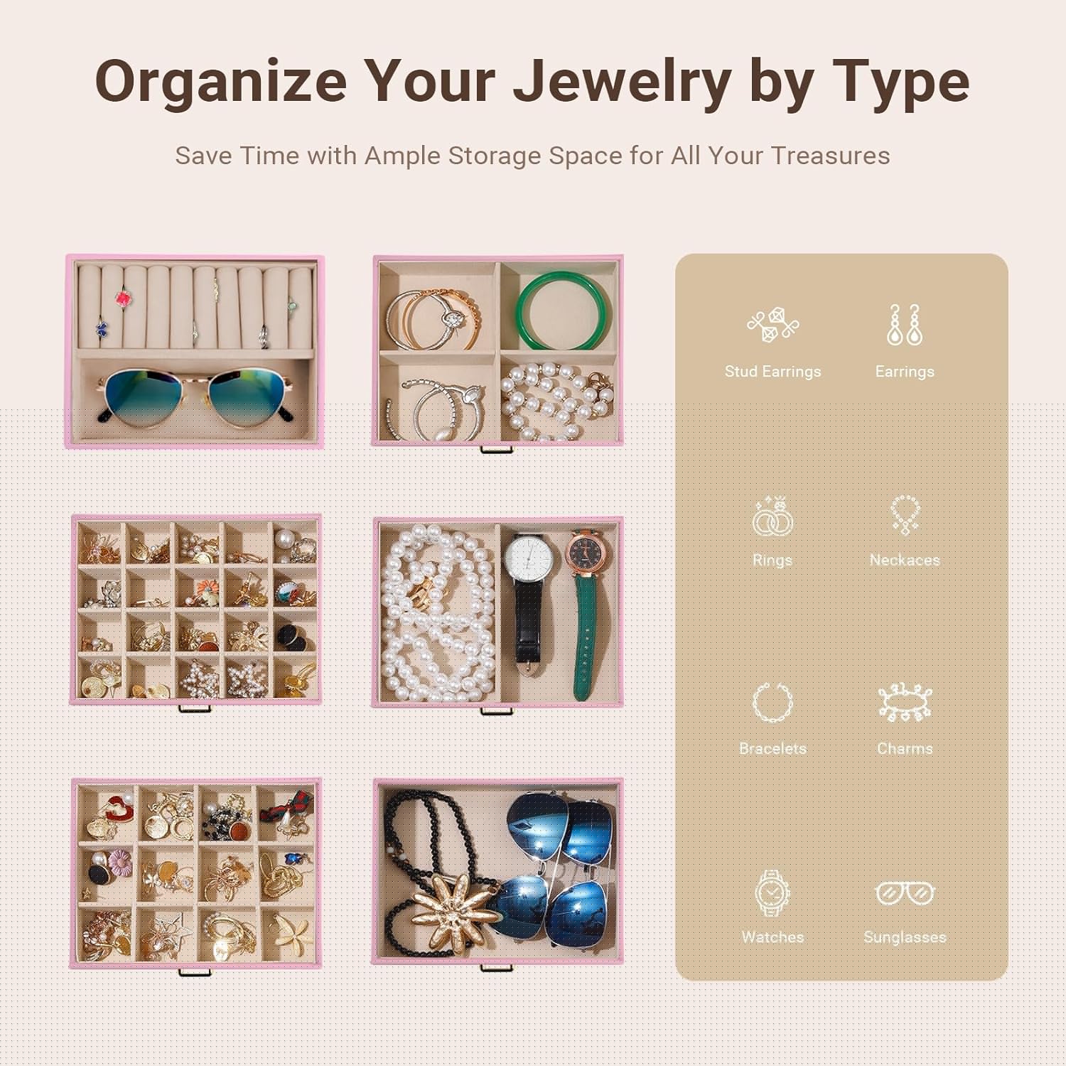 CARLA HOME 6-Layer Large Jewelry Box for Women with Drawers, Mirror, Lock, Necklace Hooks & Side Compartments for Rings, Earrings, Bracelets, Gifts (Pink) - Image 4