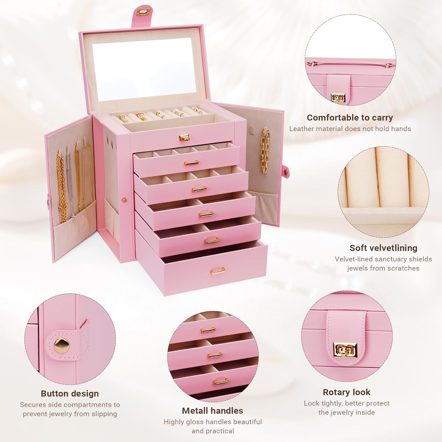 CARLA HOME 6-Layer Large Jewelry Box for Women with Drawers, Mirror, Lock, Necklace Hooks & Side Compartments for Rings, Earrings, Bracelets, Gifts (Pink) - Image 5